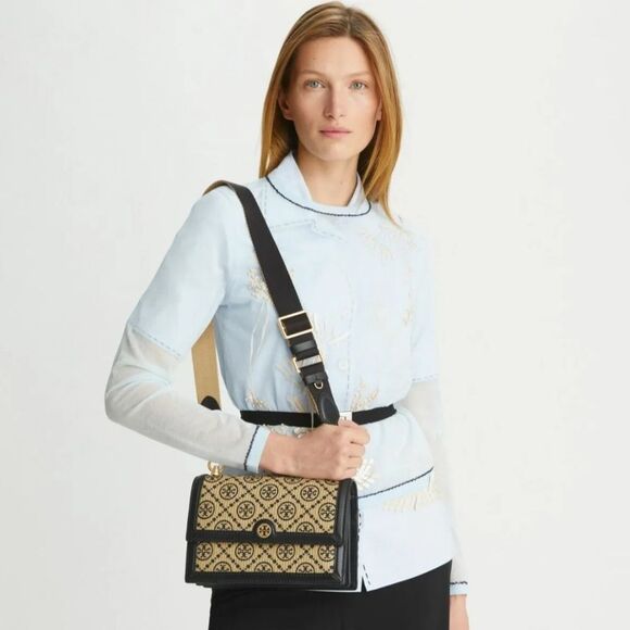Tory Burch T Monogram Raffia Small Shoulder Bag Tan/Black - Picture 10 of 10